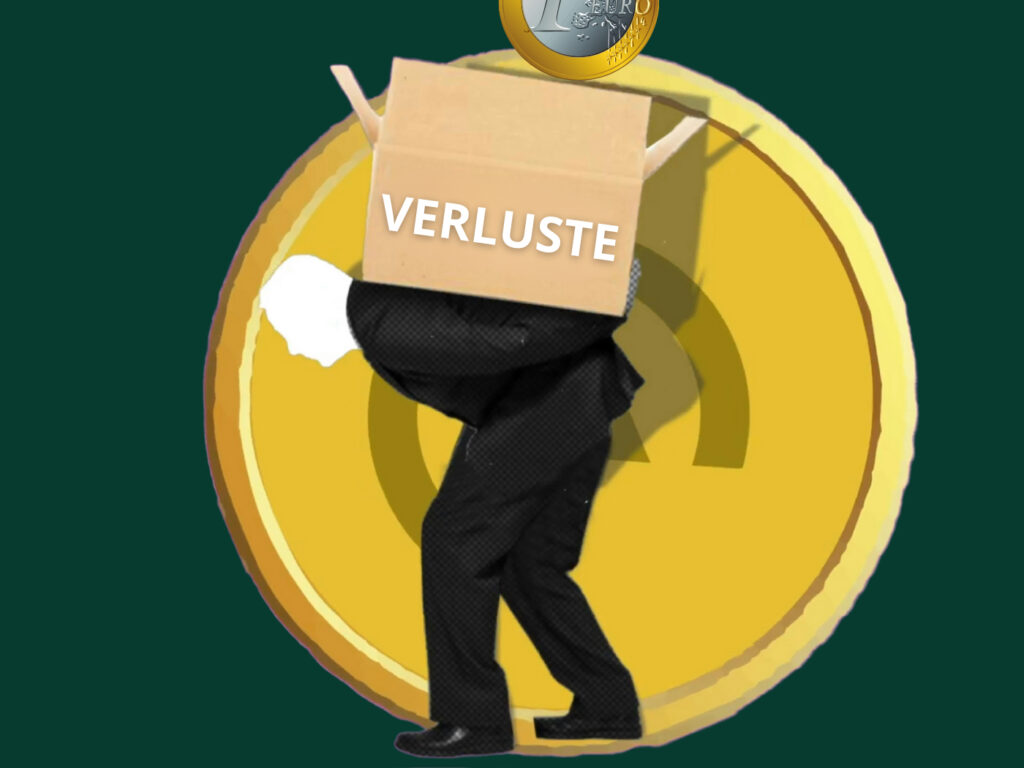 Person, die eine Kiste auf dem Rücken mit der Aufschrift "Verluste" trägt